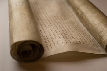 圣乔治图书馆目录. 维克多·德·马赛. 牛皮纸卷上的拉丁文手稿，1374年.